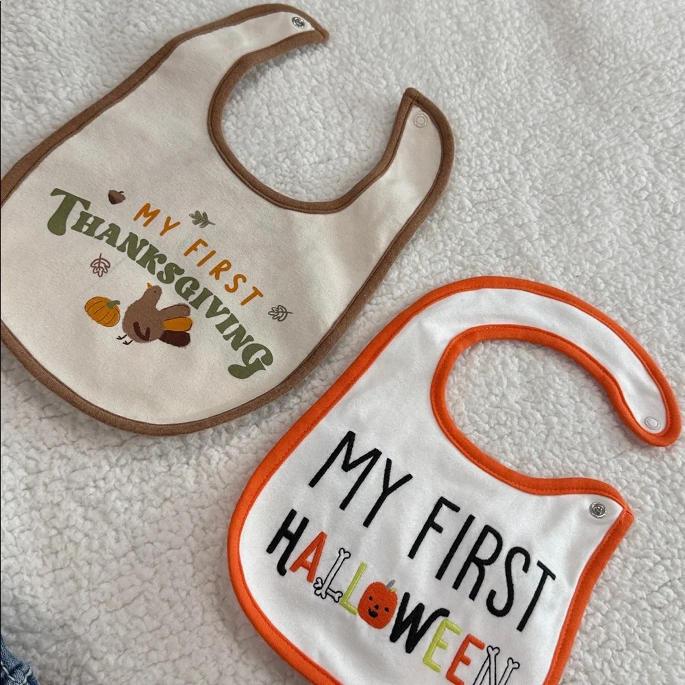 Carter's Festive Holiday Bib Set - Orange and Brown. Set of 2